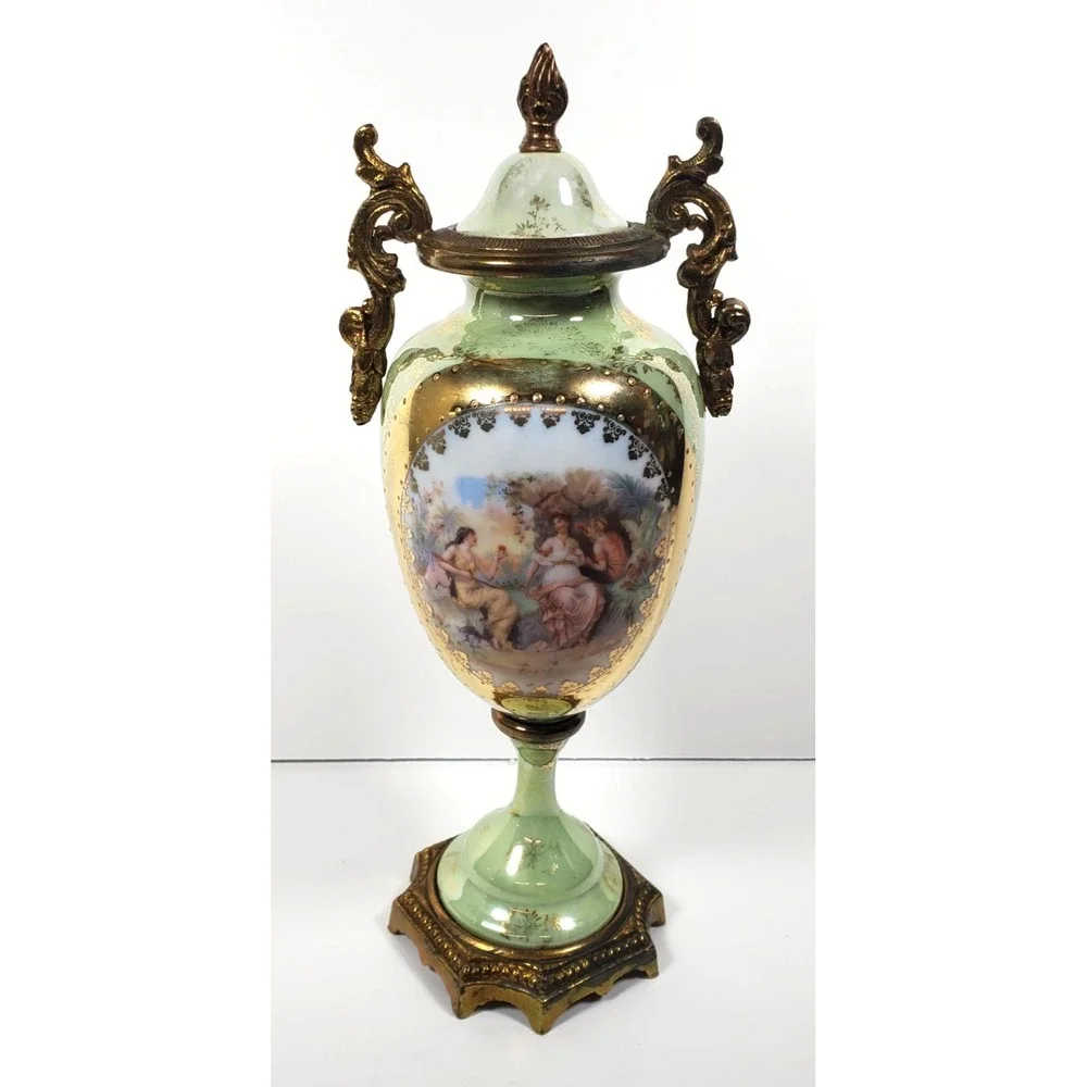 Antique French Sevres Style Urn Vase Porcelain Marked Lid Hand-Painted